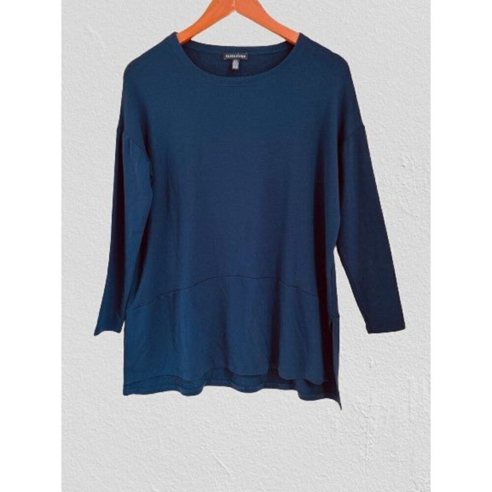 EILEEN FISHER Tunic Oversized Blue Long Sleeve Boatneck Slid Sides Size XSmall